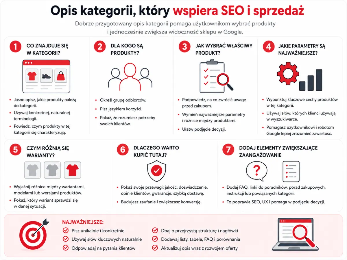 Infografika pokazująca jak przygotować opis kategorii w PrestaShop pod SEO i sprzedaż