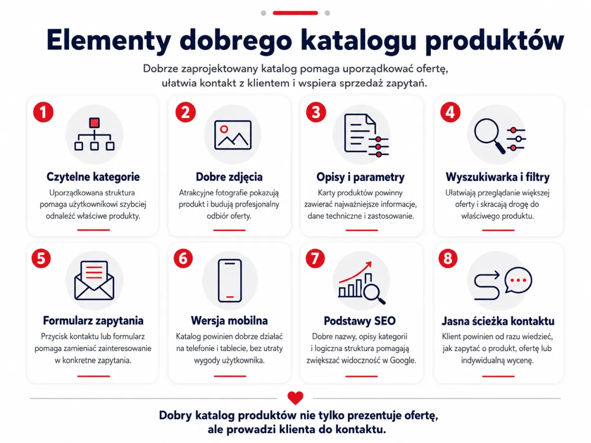 Infografika przedstawiająca elementy dobrego katalogu produktów