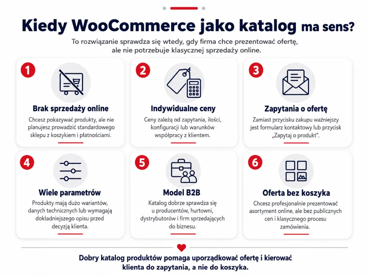 Infografika pokazująca kiedy WooCommerce jako katalog produktów ma sens