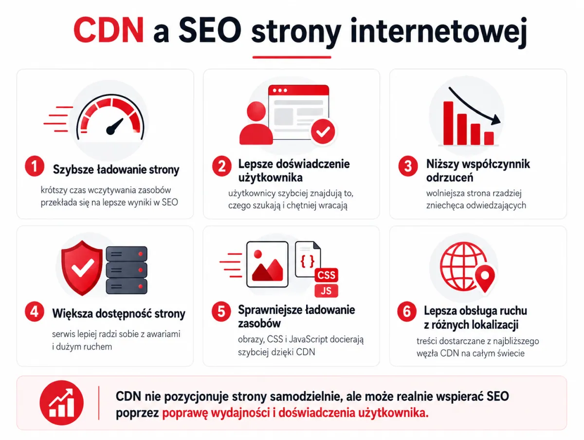 Infografika pokazująca wpływ CDN na SEO strony internetowej