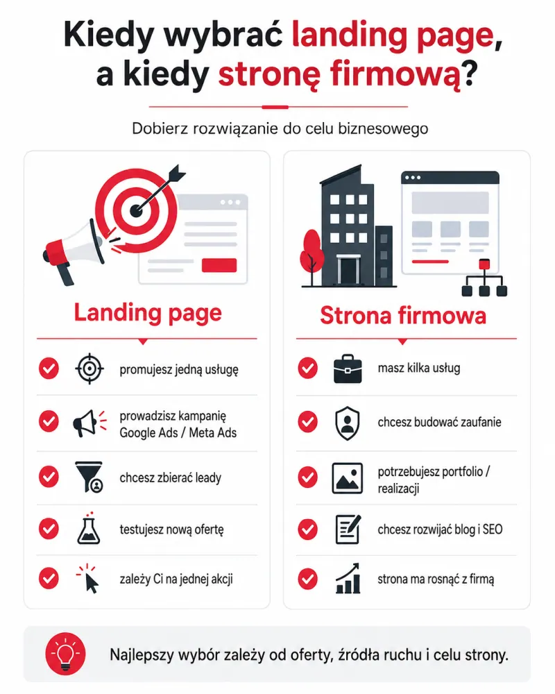 Infografika pokazująca kiedy wybrać landing page a kiedy stronę firmową