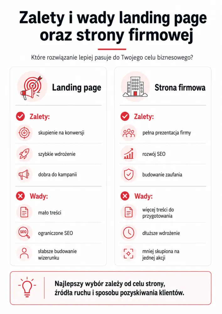 Infografika pokazująca zalety i wady landing page oraz strony firmowej