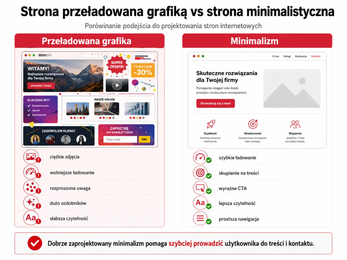 Porównanie strony przeładowanej grafiką i minimalistycznej strony internetowej