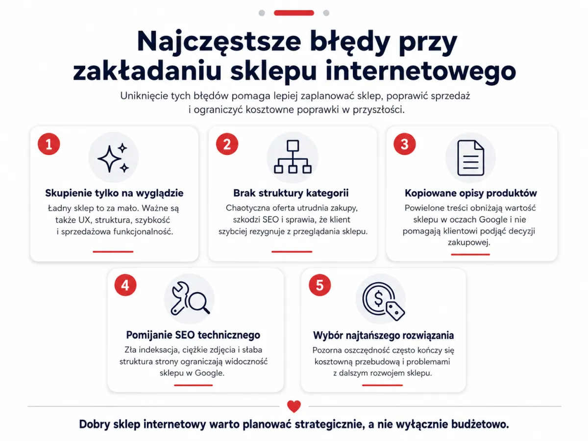Infografika przedstawiająca najczęstsze błędy przy zakładaniu sklepu internetowego