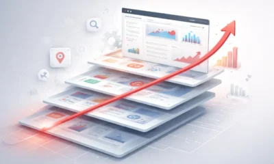 Obraz symbolizujący ewolucję strony internetowej w czasie — regularną rozbudowę treści, analizę danych i wzrost widoczności, zamiast jednorazowego projektu.
