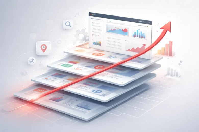 Obraz symbolizujący ewolucję strony internetowej w czasie — regularną rozbudowę treści, analizę danych i wzrost widoczności, zamiast jednorazowego projektu.