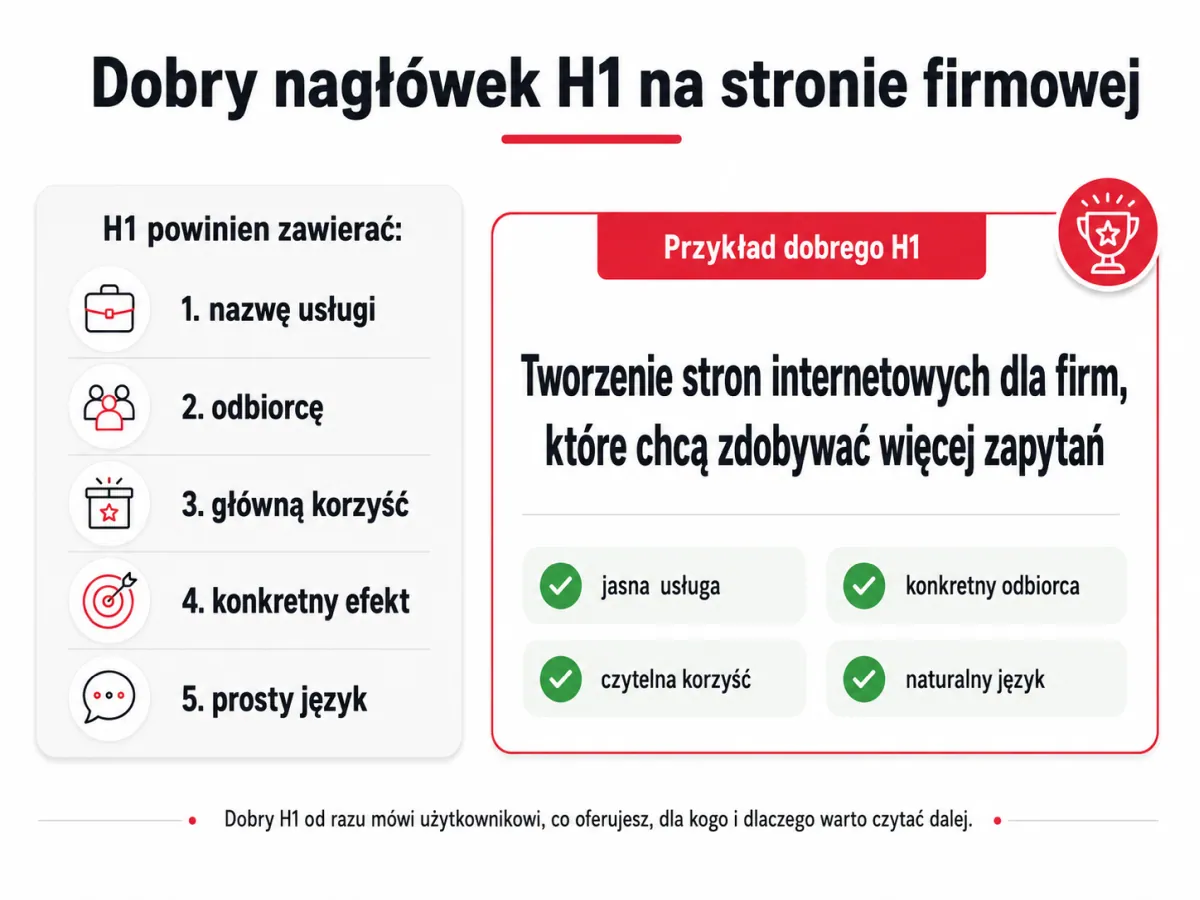 Infografika pokazująca elementy dobrego nagłówka H1 na stronie firmowej