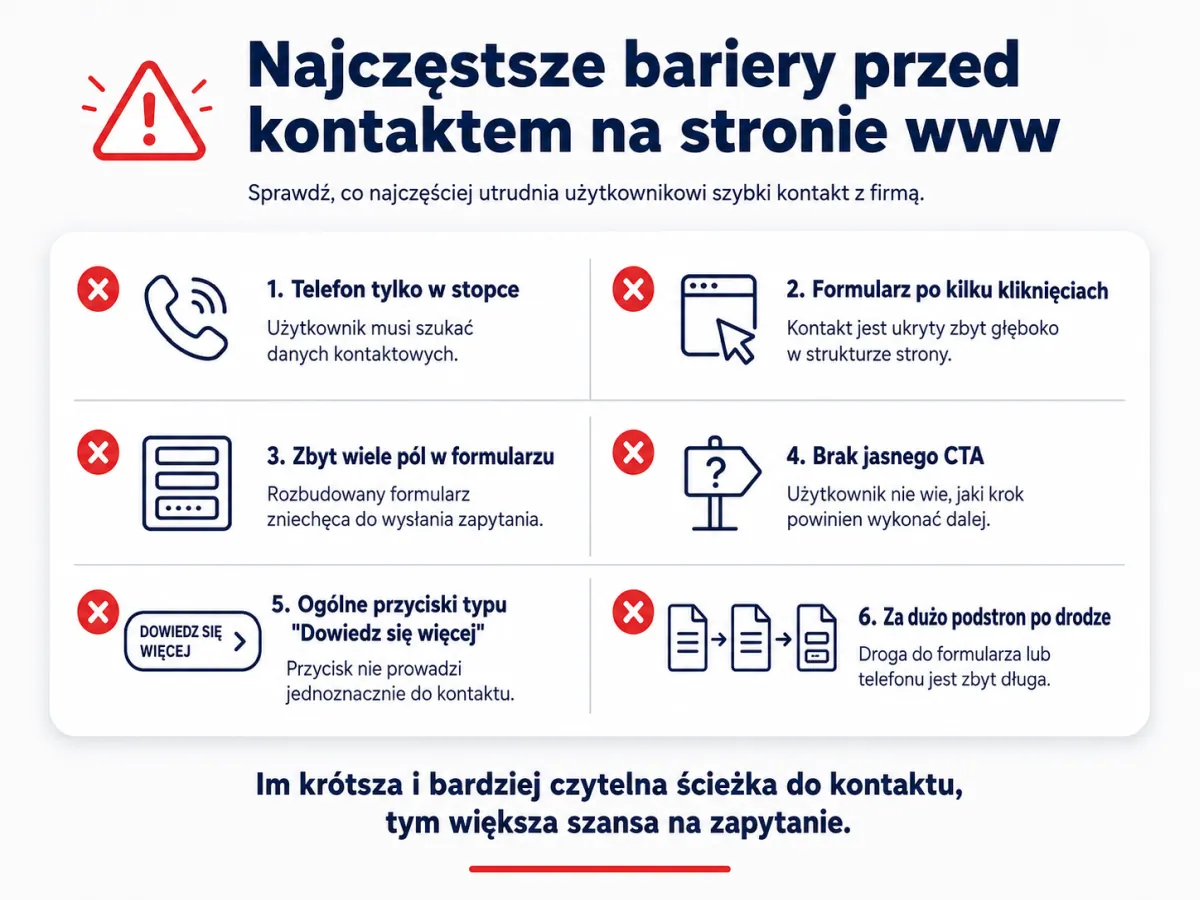 Infografika przedstawiająca bariery utrudniające kontakt na stronie internetowej