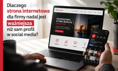 Strona internetowa firmy wyświetlana na laptopie oraz profil w social media na telefonie