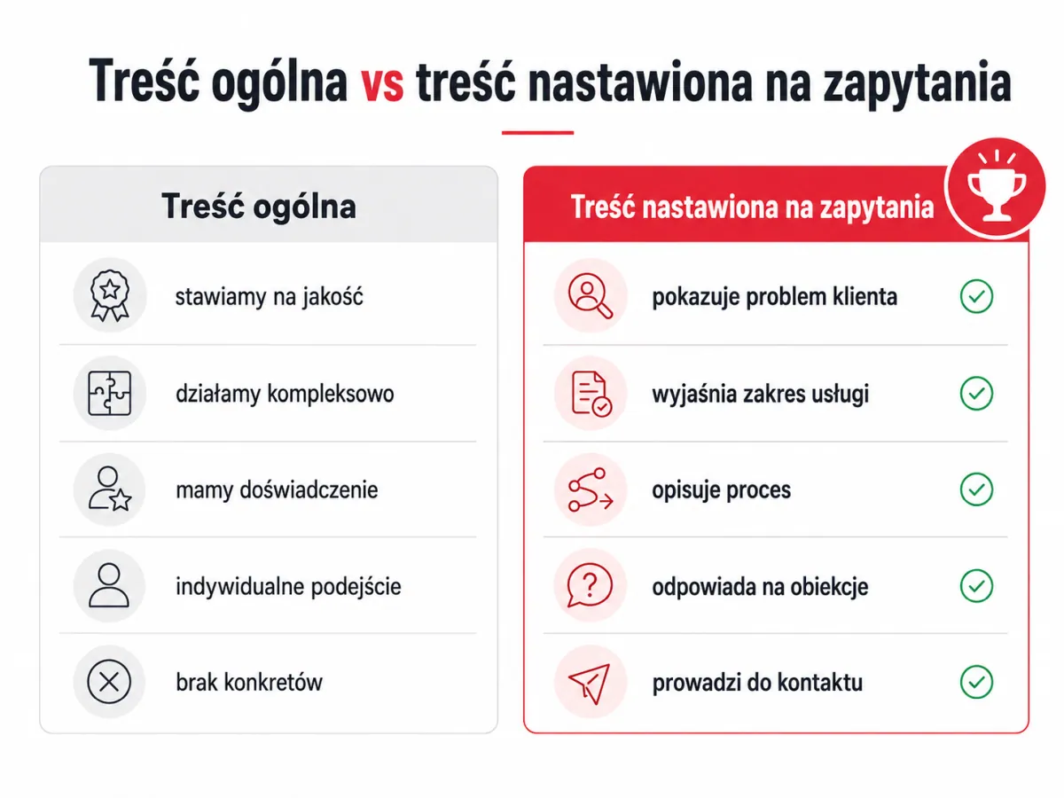 Porównanie treści ogólnej i treści nastawionej na zdobywanie zapytań ze strony internetowej
