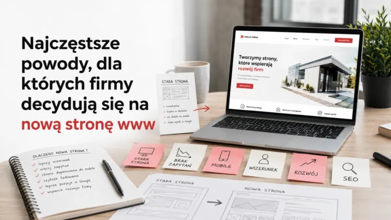 Zdjęcie przedstawiające najczęstsze powody, dla których firmy decydują się na nową stronę www, takie jak lepszy wizerunek, mobile i SEO