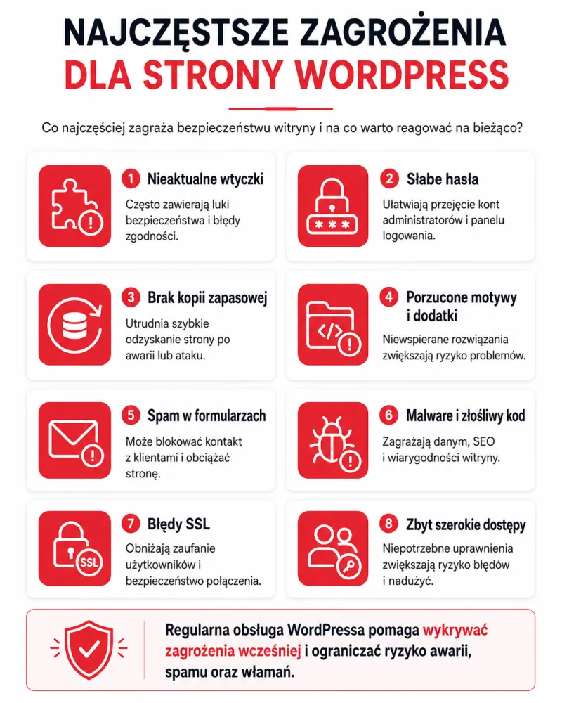 Infografika przedstawiająca najczęstsze zagrożenia dla strony WordPress