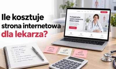 Laptop z przykładową stroną gabinetu i kalkulator — ile kosztuje strona internetowa dla lekarza?