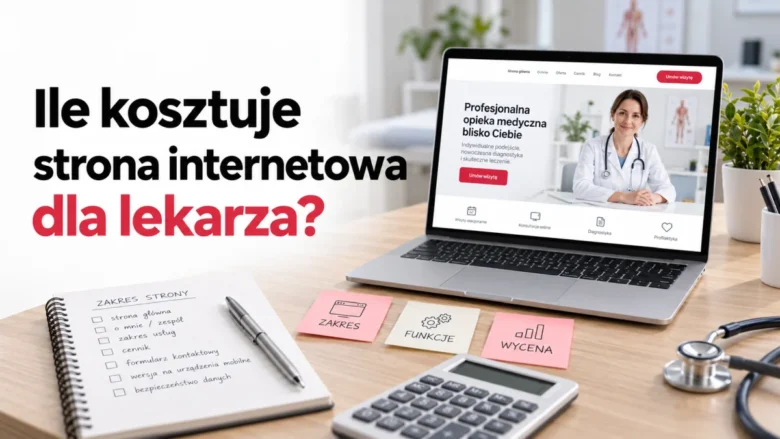 Laptop z przykładową stroną gabinetu i kalkulator — ile kosztuje strona internetowa dla lekarza?