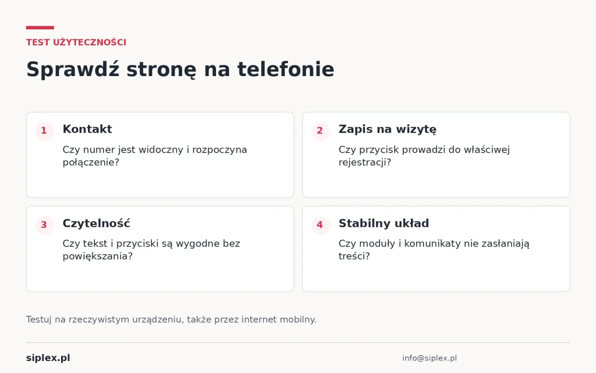 Cztery zadania kontrolne na telefonie obejmujące kontakt, rejestrację, czytelność i stabilność układu.