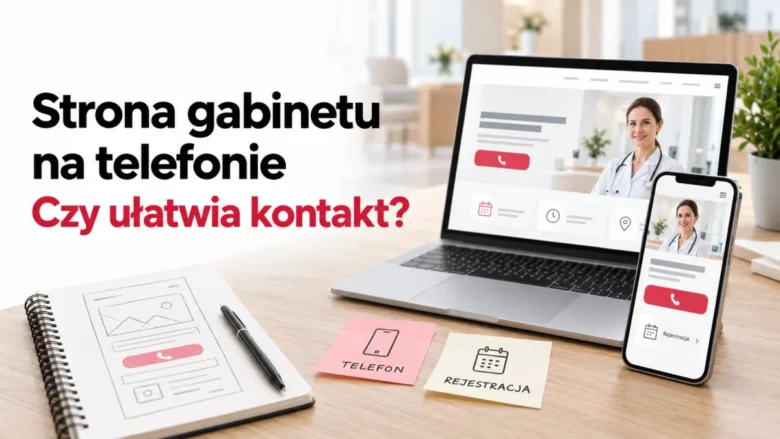 Strona gabinetu lekarskiego na laptopie i telefonie z widocznymi przyciskami kontaktu i rejestracji.