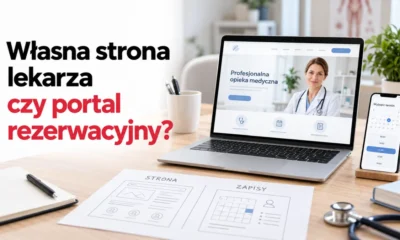 Własna strona lekarza na laptopie i kalendarz rezerwacji wizyt na telefonie.